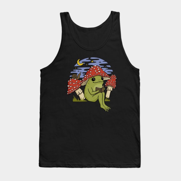 A Cute Frog in Mushroom Cap, Reading Amongst Snails and Toadstools, Embracing Goblincore Charm Tank Top by Ministry Of Frogs